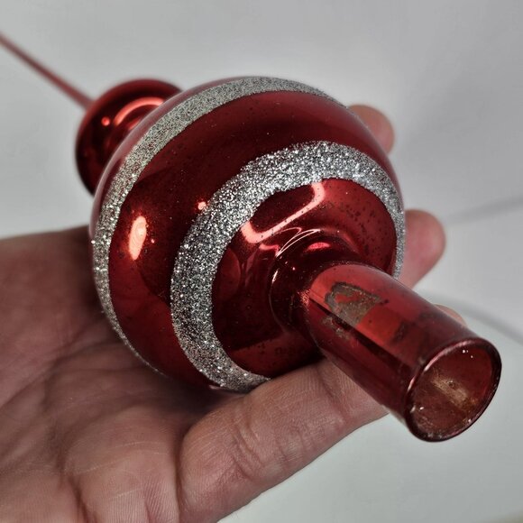 Vintage Glass Christmas Tree Topper Red With Silver Glitter Stripes 11.5" Long - Picture 6 of 7
